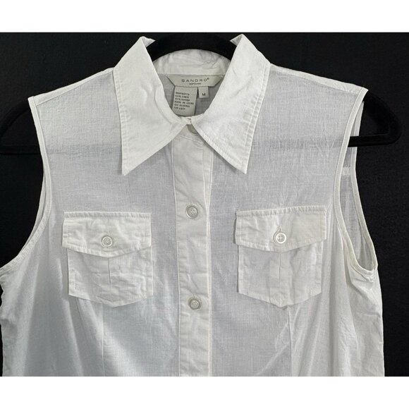 SANDRO Women Button Front Pleated Blouse Sleeveless Linen Blend Sz M White 13-3 - Picture 3 of 11